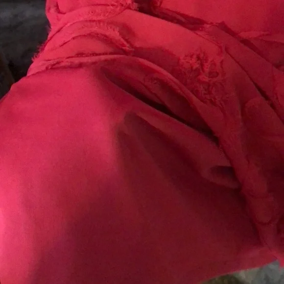 Beautiful Dress Cerise Color with Ornamental Accents and Ruffled Sleeves. - Picture 8 of 9